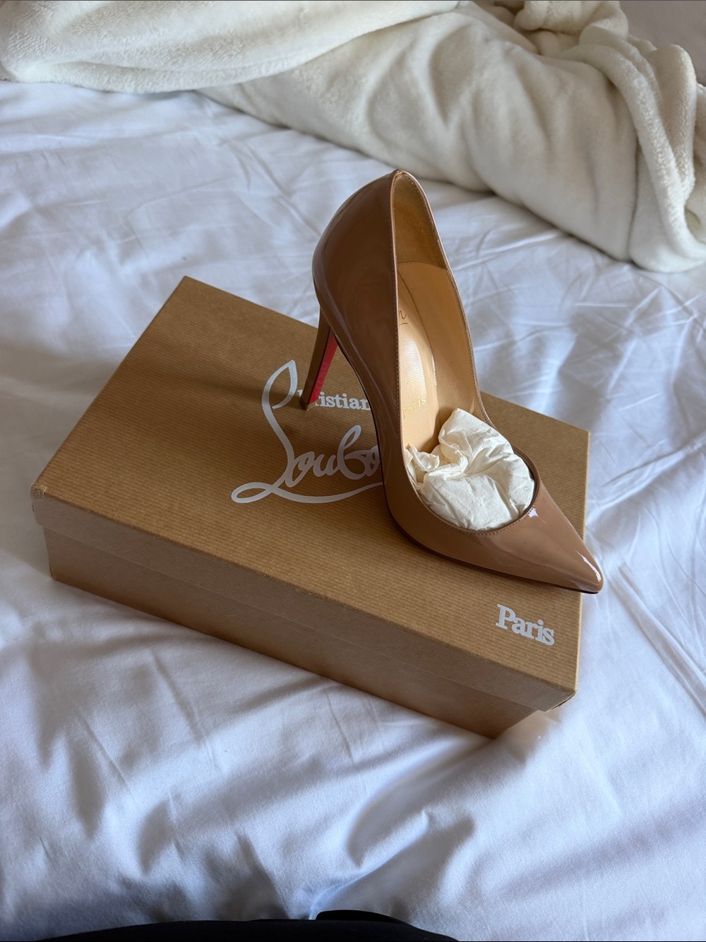 Christian Louboutin Patent Nude/Tan Pointed Toe Pump with Red Sole